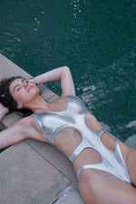 Load image into Gallery viewer, Metallic Sexy Cut Out One Piece Swimsuit
