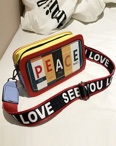 Peace & Love - Letter Print Color block Crossbody Bag