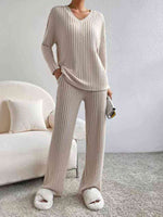 Load image into Gallery viewer, Ribbed V-Neck Long Sleeve Top and Pants Set
