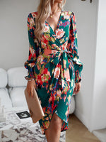 Load image into Gallery viewer, Printed Tie Front Lantern Sleeve Dress
