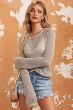 Load image into Gallery viewer, Openwork Round Neck Long Sleeve Knit Top
