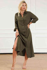 Load image into Gallery viewer, Texture Collared Neck Button Up Slit Shirt Dress
