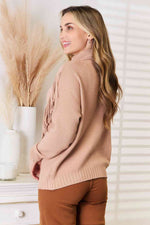 Load image into Gallery viewer, Woven Right Turtleneck Fringe Front Long Sleeve Sweater
