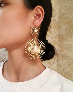 Pearl Sun - Beaded Double Geometric Pattern Drop Earrings
