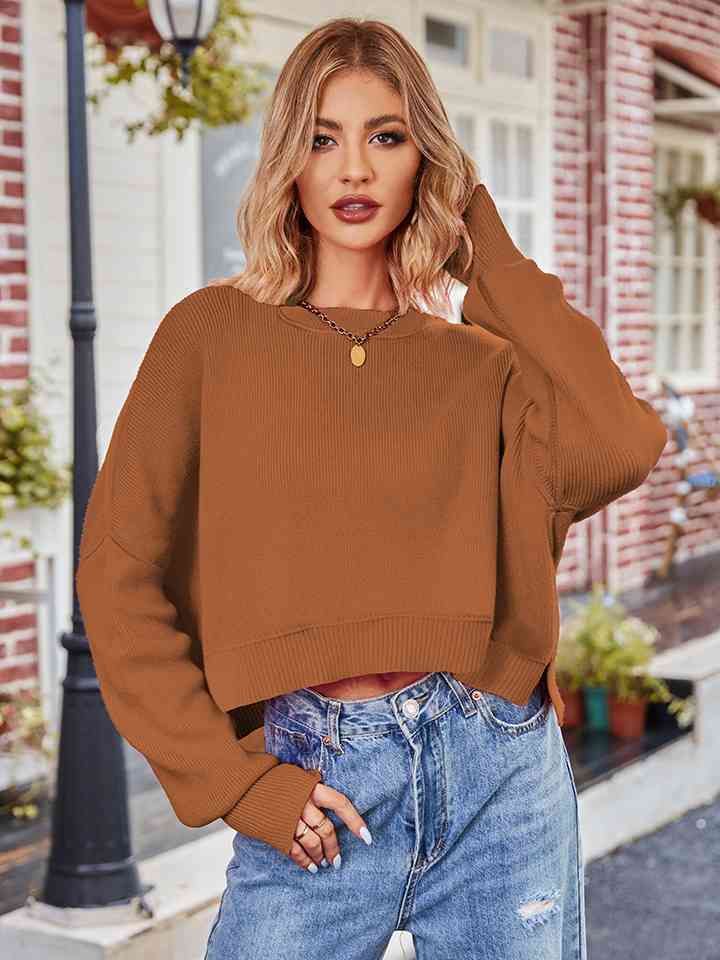 Dropped Shoulder Round Neck Long Sleeve Knit Top