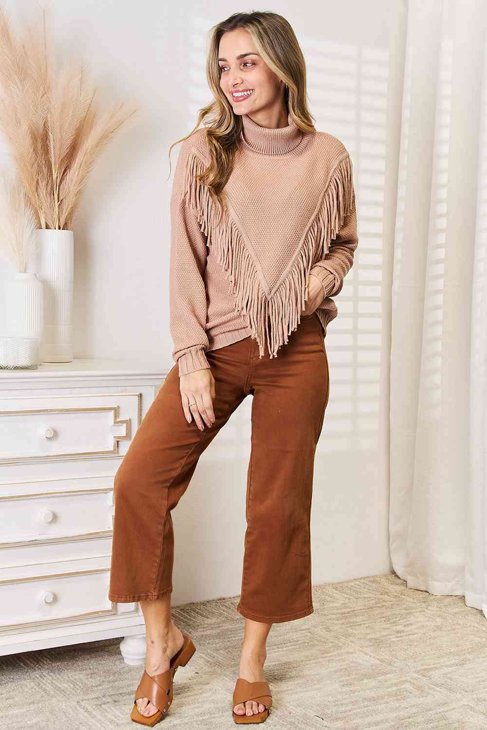 Woven Right Turtleneck Fringe Front Long Sleeve Sweater